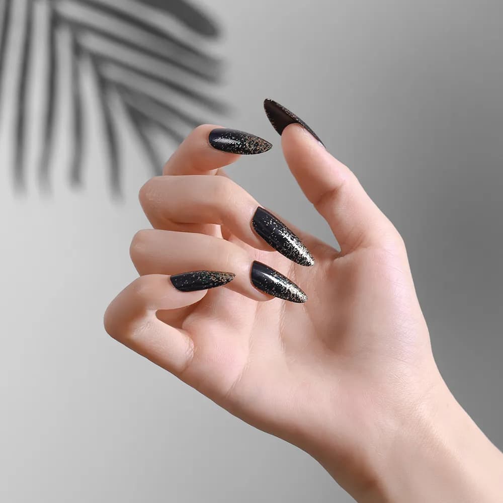 Накладные ногти BATENG Black Glitter Long Almond Press On Nails